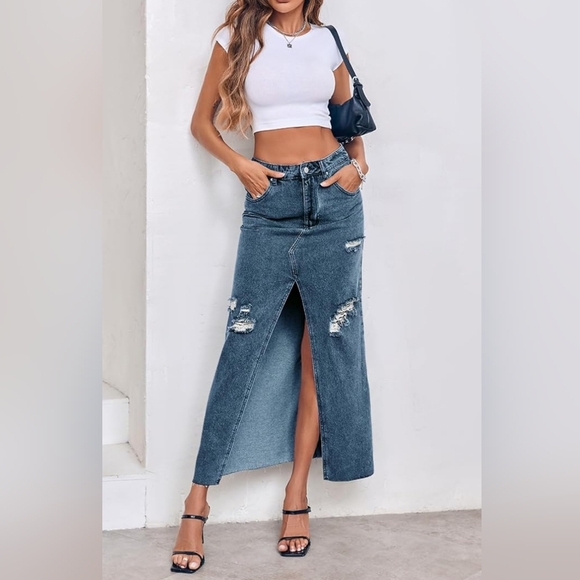 NWOT Long Denim Distressed Skirt with High Slit - Picture 1 of 8